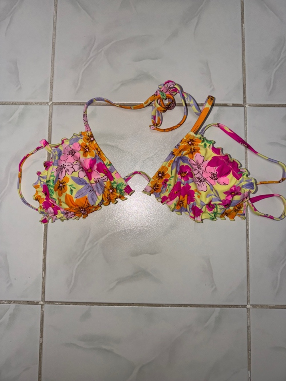 wild fable Yellow Floral Ruffle Triangle Bikini Top
